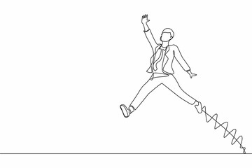 Single continuous line drawing happy businessman jumping with spreads both legs and raises one hand. Salesman celebrates salary increase from company. One line draw graphic design vector illustration