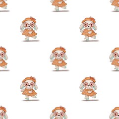 Hand drawn illustration of a cute dancing rabbit girl in a dress and hat. Whimsical  bunny character. Seamless pattern 