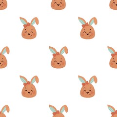 Hand drawn illustration of a cute rabbit girl face with a bow on her ears. Whimsical bunny character. Seamless pattern 