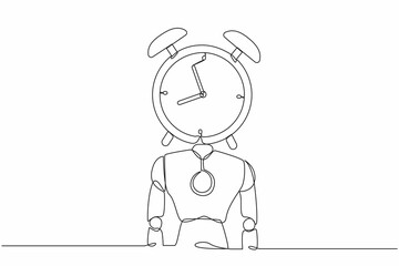 Continuous one line drawing robot with alarm clock instead of head. Future technology development. Artificial intelligence and machine learning process. Single line design vector graphic illustration