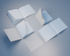 Blank brochure, book template, square, format, white curled pages, 3d rendering