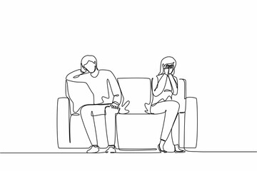 Single one line drawing sad unhappy husband and wife sitting on couch and keeping silence after quarrel at home. Problems in communication and fight. Continuous line design graphic vector illustration