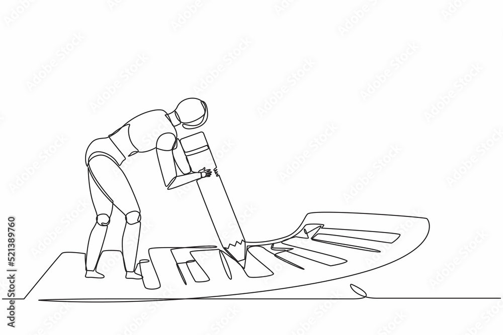 Poster continuous one line drawing robots standing near big checklist and fills out questionnaire with penc