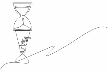 Continuous one line drawing robots using monocular, flying with hot air balloon hourglass. Humanoid robot cybernetic organism. Future robotics development. Single line draw design vector illustration