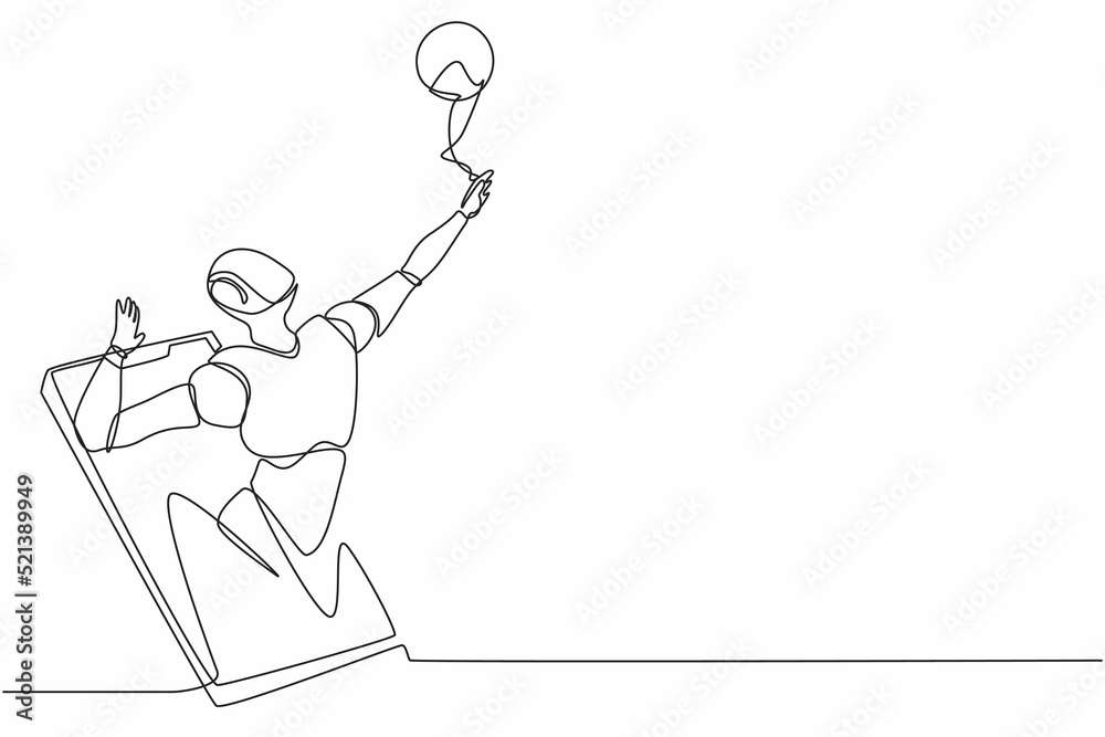 Poster single one line drawing robot come out from cellular phone and doing smash volleyball. future techno