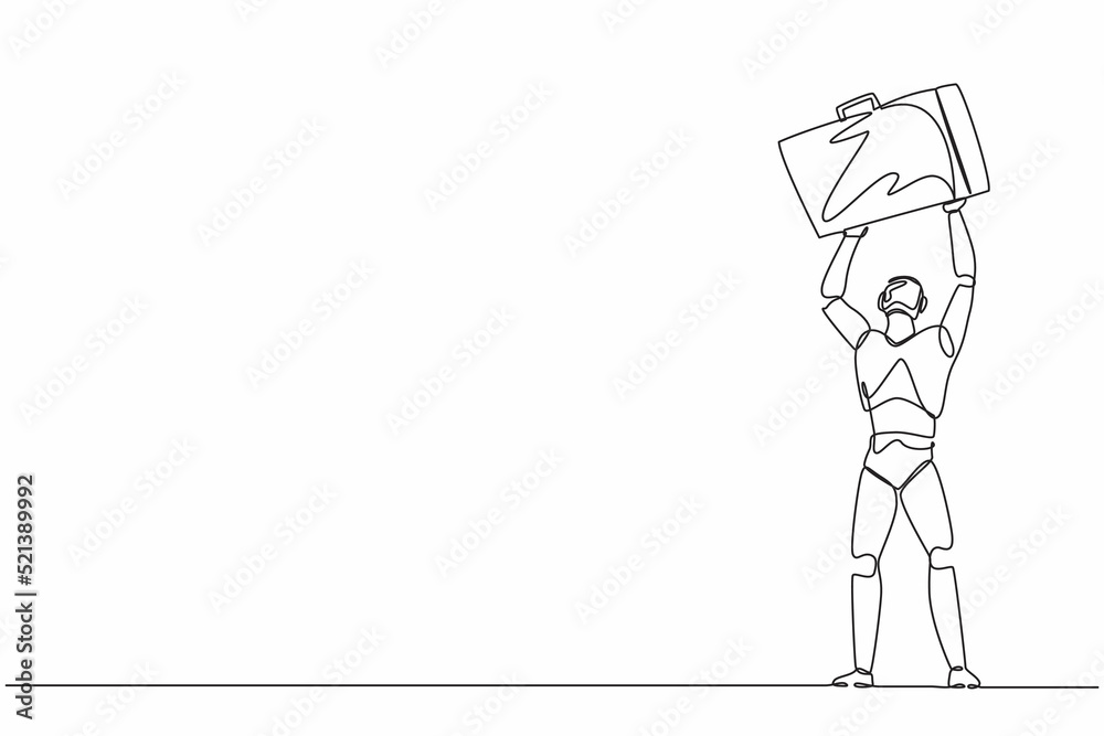 Poster single one line drawing robot standing and lifting up big briefcase. future technology development. 