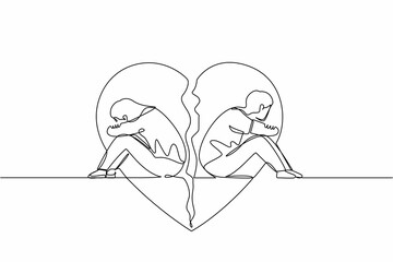 Single one line drawing couple of man and woman, sitting back to back, sad and angry on each other. Breaking up, relationship issues, broken heart, separating. Continuous line graphic design vector