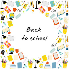 Back to school frame illustration with school stationery on white background