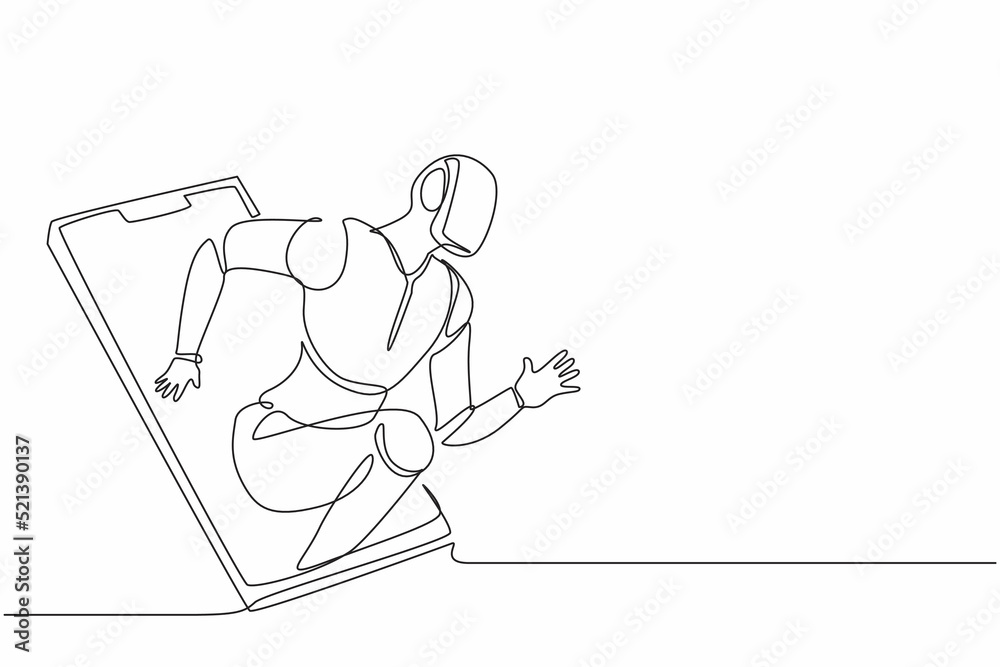 Poster single continuous line drawing robots come out from cellular phone with runner pose. modern robotics
