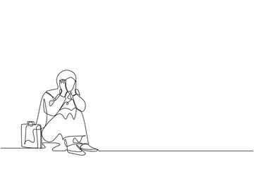 Continuous one line drawing sad Arabian businesswoman cover her face by hands and sitting on the floor. Depression disorder, sad, sorrow, disappointment symptom. Single line draw design vector graphic