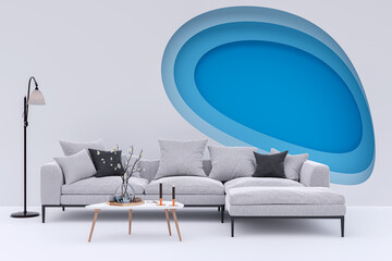 Living room with cozy sofa and wall decoration. 3d rendered illustration.