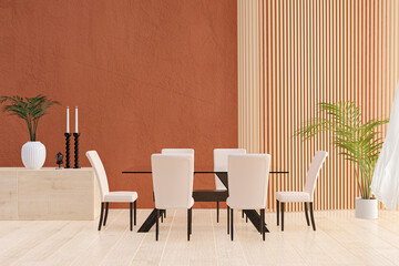 3d rendered illustration of a spacious dinning room with wood panel decoration.