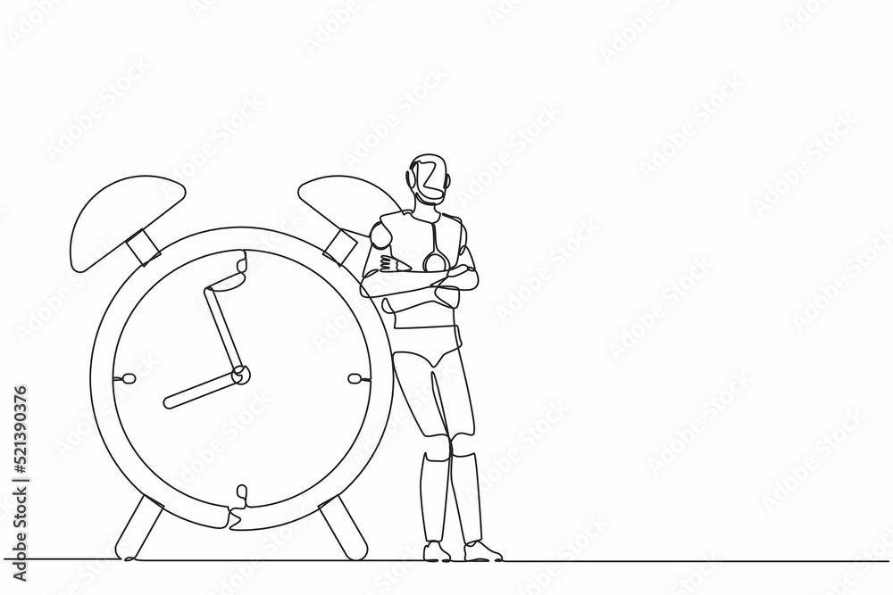 Poster single one line drawing robots lean on huge alarm clock. modern robotics artificial intelligence tec