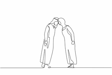 Single continuous line drawing Arab man and woman arguing scream at each other engaged in family fight. Stubborn angry husband and wife yell shout, argue quarrel at home. One line draw design vector