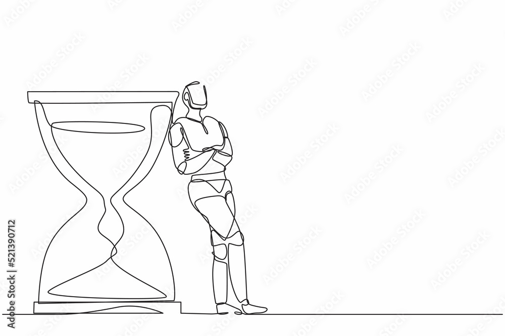 Poster single one line drawing robot lean on giant hourglass. future technology development. artificial int