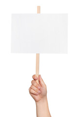 Man holding blank protest sign on white background, closeup