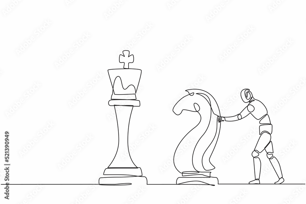 Poster continuous one line drawing robots push huge knight horse chess piece to take down king. humanoid ro