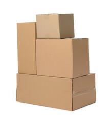 Many closed cardboard boxes on white background. Delivery service