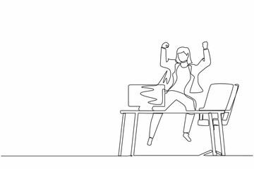 Continuous one line drawing happy businesswoman jump with raised hands on her workplace. Female manager celebrating success of increasing company product sales. Single line draw design vector graphic