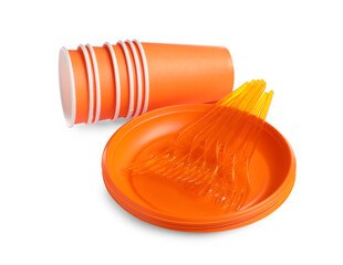 Set of bright disposable tableware on white background