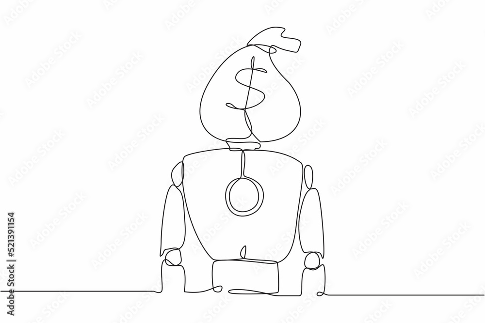 Poster single one line drawing robot with money bag instead of head. future technology development. artific