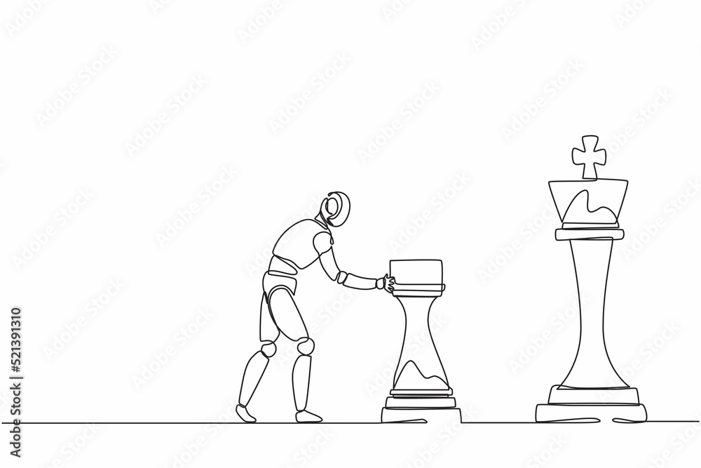 Poster single continuous line drawing robots push huge rook chess piece to take down king. modern robotics 
