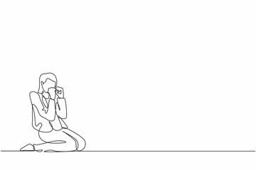 Single continuous line drawing happy businesswoman kneeling with gesture of both hands yes.