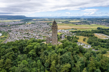 Fototapeta na wymiar Aerial view of The National Wallace Monument.Wallace's Monument, the Wallace Tower, or the Barnweil Monument is a category-A-listed building dedicated to the memory of William Wallace located on Barnw