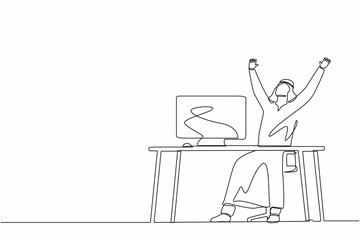Single one line drawing happy Arab businessman sitting with raised hands on his workplace. Office worker celebrate success of company project. Continuous line draw design graphic vector illustration