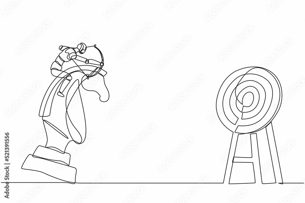 Poster single one line drawing robot holding archery aiming target while riding chess knight horse. future 