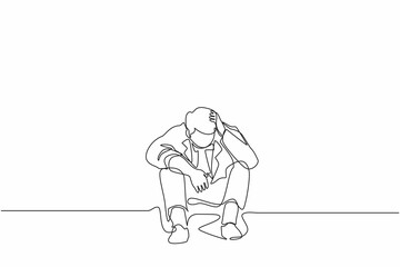 Fototapeta na wymiar Single one line drawing businessman feeling sad, depression, holding head, and sitting on the floor. Frustrated worker mental health problems. Continuous line draw design graphic vector illustration