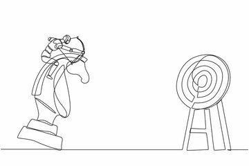 Single one line drawing robot holding archery aiming target while riding chess knight horse. Future technology. Artificial intelligence machine learning process. Continuous line graphic design vector