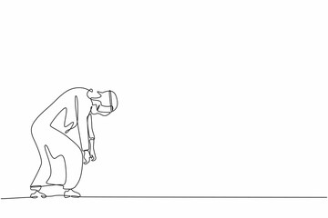 Continuous one line drawing sad Arab businessman bowed down. Man feeling lonely and having mental pressure or stress. Bankruptcy on global economic recession, failure. Single line draw design vector
