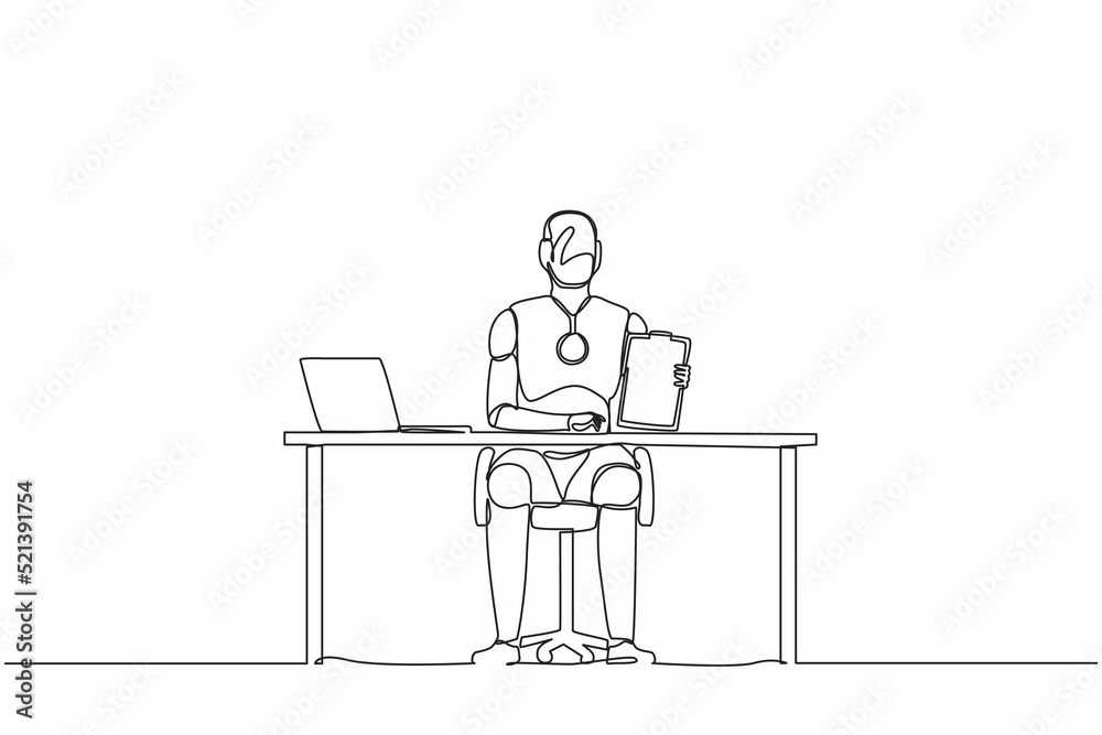 Poster continuous one line drawing robots sitting near office desk and showing clipboard. humanoid robot cy