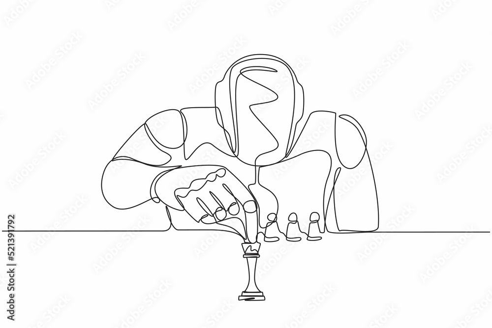 Poster single continuous line drawing robots sitting and moving chess figure. modern robotics artificial in