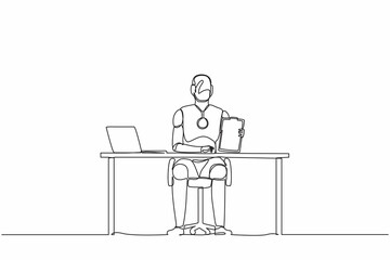 Continuous one line drawing robots sitting near office desk and showing clipboard. Humanoid robot cybernetic organism. Future robotics development concept. Single line draw design vector illustration
