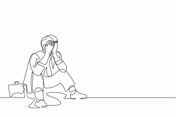 Fototapeta na wymiar Single continuous line drawing sad businessman cover his face by hands and sitting on the floor. Depression disorder, sad, sorrow, disappointment symptom. One line graphic design vector illustration