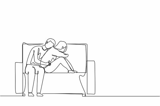Single one line drawing man giving comfort and support to woman, hugging on her shoulder. Girl feeling stress, loneliness, anxiety. Counseling, empathy. Continuous line draw design graphic vector