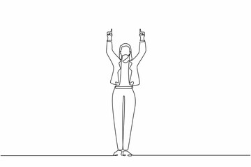 Single one line drawing happy businesswoman standing and both hands pointing with index fingers. Saleswoman celebrates salary increase from company. Continuous line design graphic vector illustration