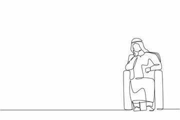 Continuous one line drawing Arab businessman sitting at sofa in living room, feeling stressed, alone. Anxious worker sit on couch, crying, feel frustrated, depressed, suffer. Single line design vector