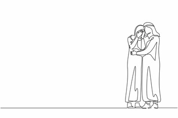 Single one line drawing Arabian man hugging soothing sad depressed frustrated crying woman holding shoulders and discussing problems. Support, stress, depression. Continuous line design graphic vector