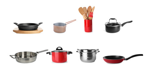 Set with pans, cookware and kitchen utensils on white background. Banner design