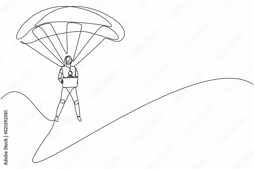 Poster single one line drawing robots jump with parachute and holding briefcase. humanoid robot cybernetic 