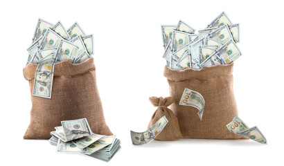 Burlap bags and flying dollar banknotes on white background