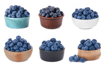 Set with tasty fresh ripe blueberries on white background