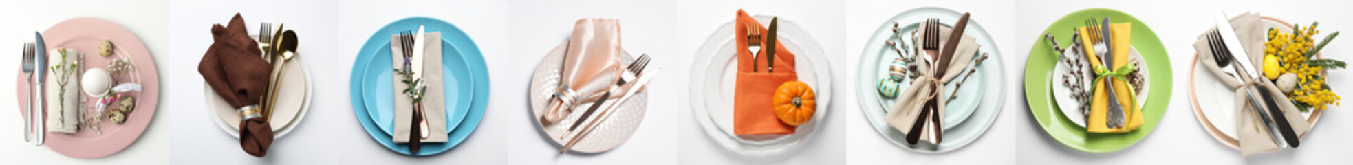 Set with examples of different beautiful table settings on white background, top view. Banner design