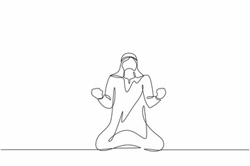 Continuous one line drawing happy Arab businessman kneeling with both hands do gesture yes. Male manager celebrating success of increasing company product sales. Single line draw design vector graphic