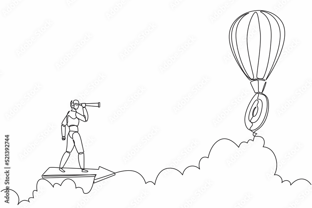 Poster continuous one line drawing robots ride arrow and looking with monocular air hot balloon target. hum