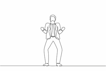 Continuous one line drawing happy businessman standing with both hands do gesture yes. Young office worker celebrate success of company project. Single line draw design vector graphic illustration