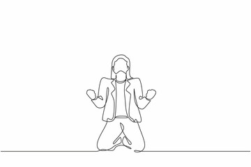 Single continuous line drawing happy businesswoman kneeling with both hands do gesture yes. Female manager celebrating success of increasing company product sales. One line draw graphic design vector